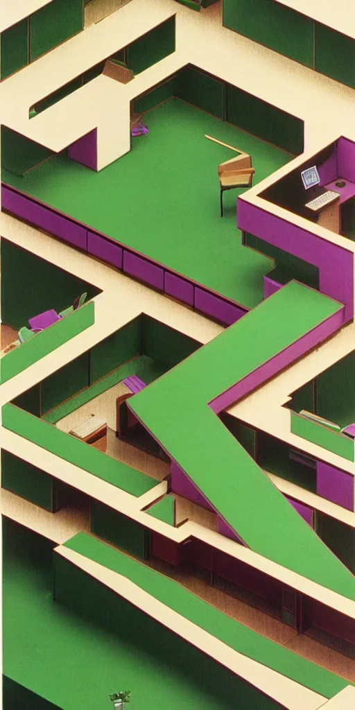 Image similar to huge sprawling gargantuan angular dimension of infinite indoor landscape 7 0 s green velvet and wood with metal office furniture. surrealism, mallsoft, vaporwave. muted colours, 7 0 s office furniture catalogue, shot from above, endless, neverending epic scale by escher and ricardo bofill