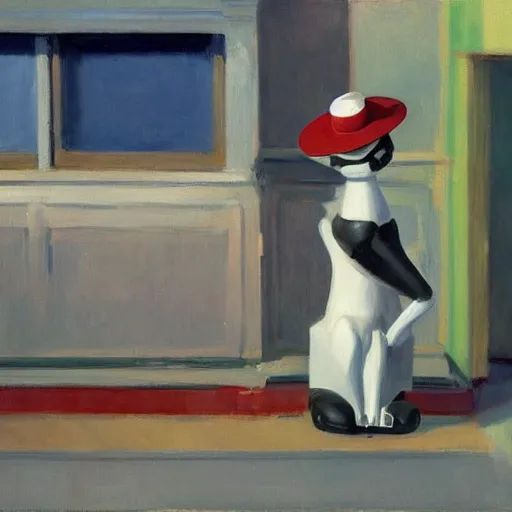 Image similar to a robotic cat wearing a hat, a highly detailed edward hopper painting, by adrian ghenie and gerhard richter. art by sorolla. masterpiece, flat surreal design with deep colours. 8 k. artstation