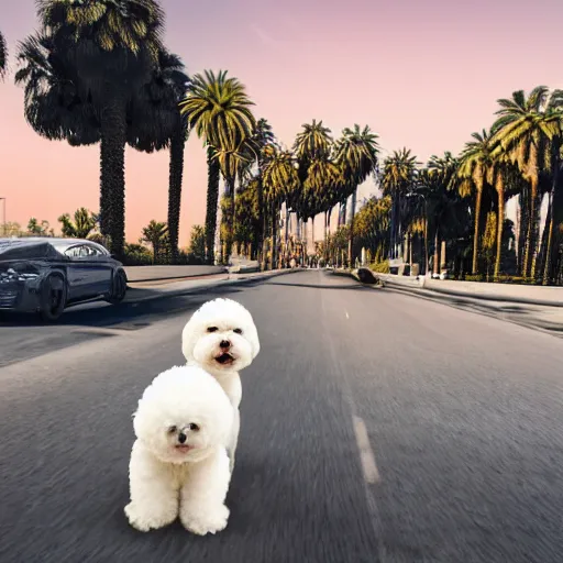 Prompt: a photorealistic image of a white bichon frise puppy dog riding a black motorcycle in Hollywood at sundown. Palm trees in the background. Paws on handlebars. This 4K HD image is Trending on Artstation, featured on Behance, well-rendered, extra crisp, features intricate detail and the style of Unreal Engine.