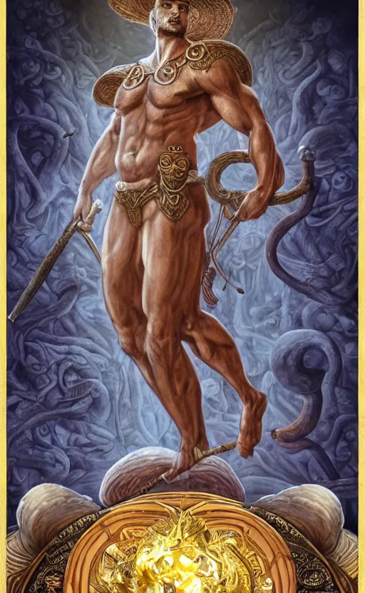 Image similar to a masterpiece hyperdetailed dnd tarot card full body portrait, magnificent mushroom deity as depicted in a colossal marble statue ( with godlike bodybuilder physique ) made by ancient greeks, hd tarot card depicting monumental statue of a dignified mushroom god with cute large mushroom hat, golden norse runes in the background, hdr, 8 k, artstationhq, digital art