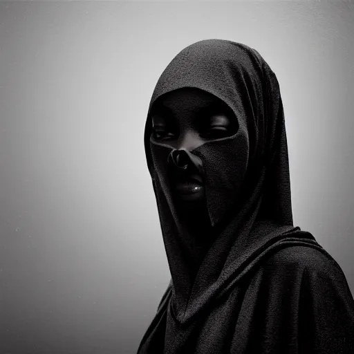 Image similar to a portrait of a young black woman wearing a long dark cloak, hood and shadows covering face, anatomically correct, beautiful perfect face, enigmatic, oil painting, matte painting, black background, Volumetric dynamic lighting, Highly Detailed, Cinematic Lighting, Unreal Engine, 8k, HD, by Beksinski