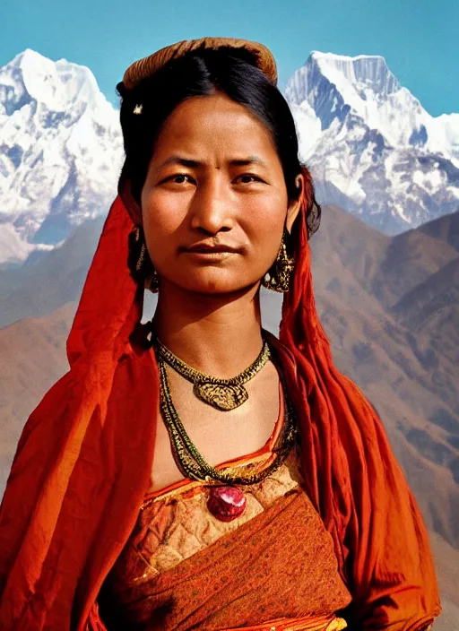 Prompt: hyper realistic and detailed vintage portrait photo of a beautiful nepalese woman standing in the sunshine with himalayan peaks behind her by annie leibovitz