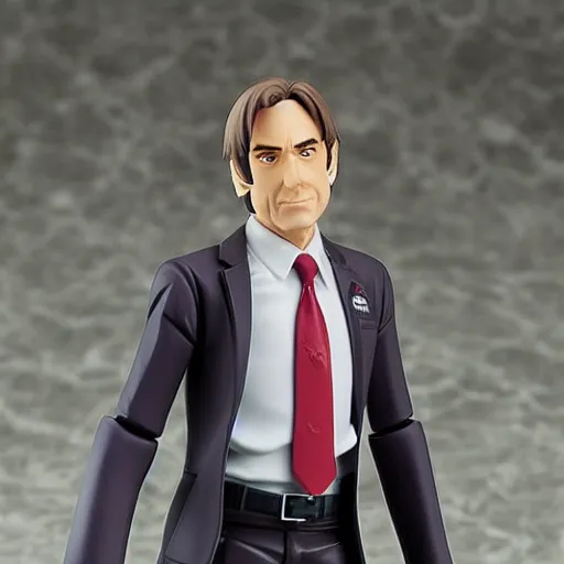 Image similar to Saul Goodman as a Figma anime figurine. Posable PVC action figurine.