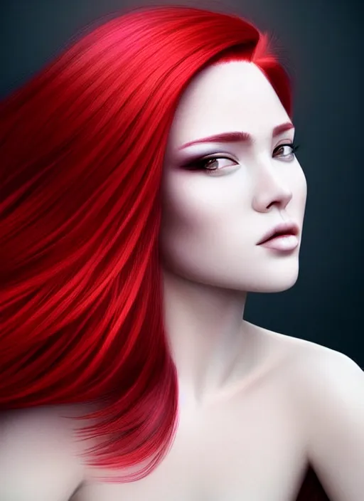 Image similar to photo of gorgeous woman with her right die hair dyed red and left side hair white in the style of stefan kostic, realistic, half body shot, sharp focus, 8 k high definition, insanely detailed, intricate, elegant, art by stanley lau and artgerm, foggy backgeound