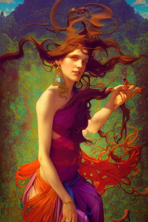 Image similar to portrait of a beautiful sorceress, vivid color, complementary color, golden ratio, detailed, sharp lines, sharp focus, intricate, rainbowshift, by maxfield parrish, by peter mohrbacher, by gustave dore, by artgerm, by alphonse mucha, deviantart, octane render