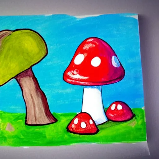 Prompt: a children painting of a cute creature sitting next to a mushroom, detailed, realistic