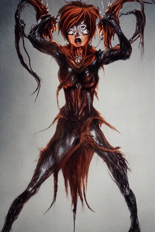 Image similar to dark full body painting of tracer from overwatch, in style of zdzisław beksinski, scary, horror, 4 k, feminine facial features, overwatch tracer character, horror, body horror, disturbing, detailed face, dressed in dark garment, black tendrils, tall, long legs,