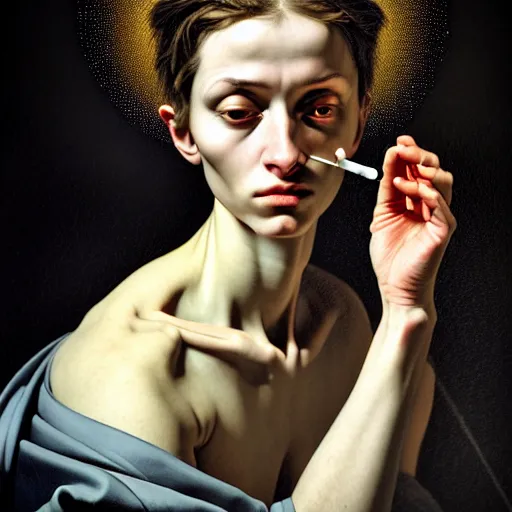 Image similar to Colour Caravaggio style Photography of Beautiful woman with highly detailed 1000 years old face wearing higly detailed sci-fi halo above head designed by Josan Gonzalez. Woman holding cigarette between fingers in her hand, Many details by Caravaggio. . In style of Josan Gonzalez and Mike Winkelmann andgreg rutkowski and alphonse muchaand Caspar David Friedrich and Stephen Hickman and James Gurney and Hiromasa Ogura. volumetric natural light