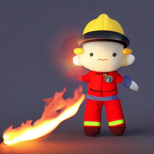 Prompt: cute fumo plush of a boy in a fireman uniform who casts fireballs, outline glow, lens flare, vray