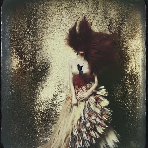 Image similar to damaged kodak portra 4 0 0, wetplate, photo of a surreal artsy dream scene,, very beautiful model, weird fashion, grotesque, extravagant dress, strange pose, carneval, with an animal, wtf, photographed by paolo roversi style