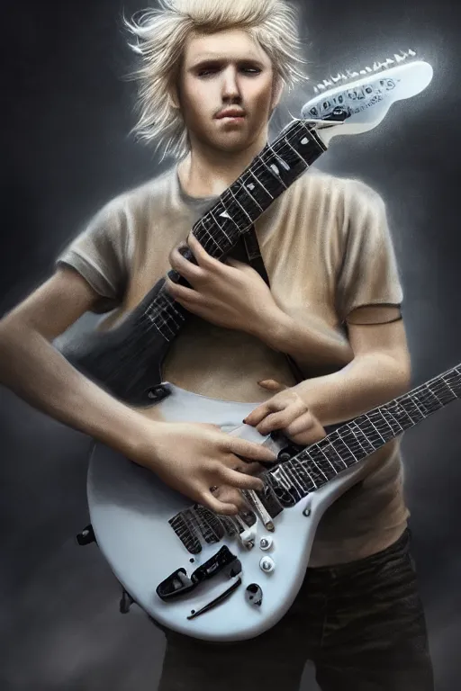 Image similar to blonde wild hair boy playing fender stratocaster, black eye - patch, close - up portrait, plain white tshirt, powerfull, intricate, elegant, volumetric lighting, scenery, digital painting, highly detailed, artstation, sharp focus, illustration, concept art, steve mccurry