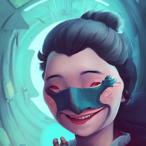 Image similar to a portrait of a cinematic still of the happy mask salesman, art by lois van baarle and loish and ross tran and rossdraws and sam yang and samdoesarts and artgerm and saruei and disney, digital art, highly detailed, intricate, sharp focus, trending on artstation hq, deviantart, unreal engine 5, 4 k uhd image