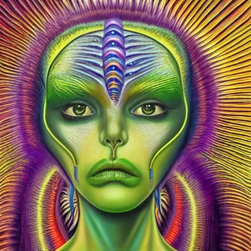 Prompt: a hyper realistic painting of an alien princess, metal headdress, by alex grey, highly detailed, vivid color,