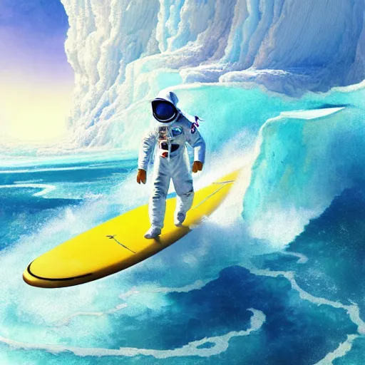 Image similar to a beautiful digital painting of an astronaut in a white and royal blue luxurious space suit surfing a tsunami on a chic surfboard at Pamukkale, thermal waters flowing down gold travertine terraces by greg rutkowski, award winning photo, trending on artstation, highly detailed, unreal engine, octane render