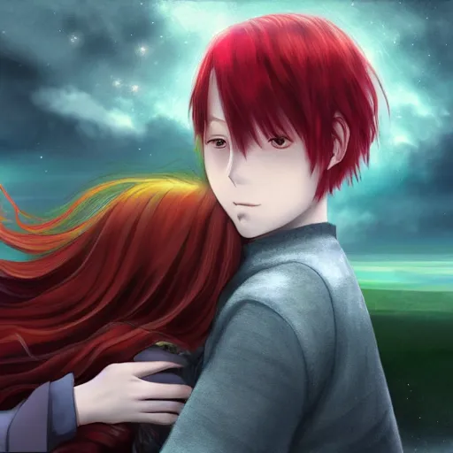 Image similar to infp anime girl with red hair, gratefully hugging the ai, atmospheric, hyper detailed digital art