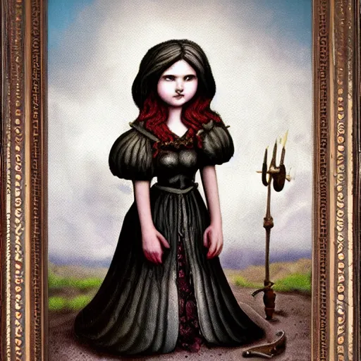 Image similar to the blacksmiths daughter, in the forge, lowbrow in the style of Mark Ryden,