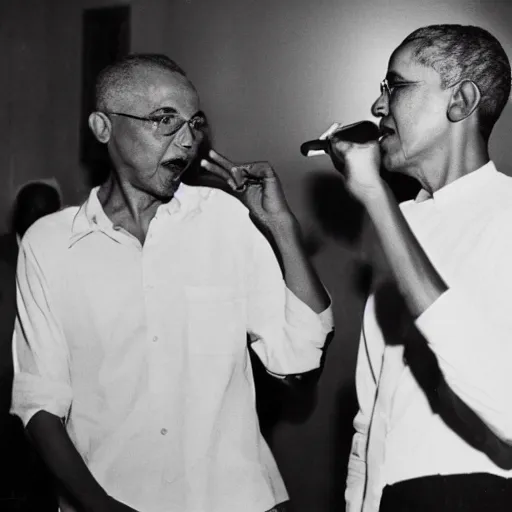 Image similar to Barack Obama having a rap battle against Ghandi, historical photo, 1962