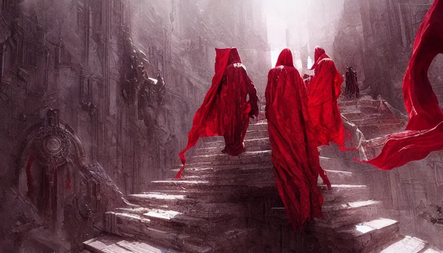 Image similar to figures in red cloaks ascend huge creepy fantasy stairs, cinematic, movie still, art by ruan jia and albert voidstar