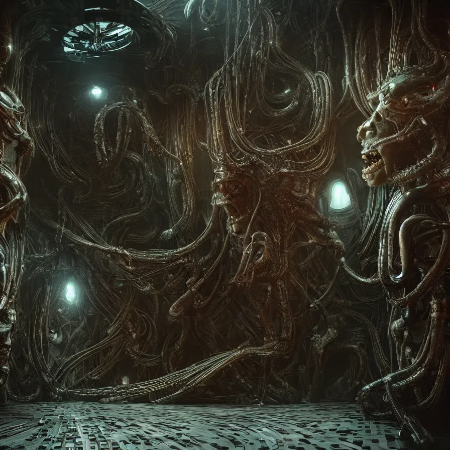 Image similar to Prometheus biological sci-fi corridor set in a nightmarish universe of odd forms and somber tapestry, humans exploring, HR Giger, featured in artstation, octane render, cinematic, elegant, intricate, 8k