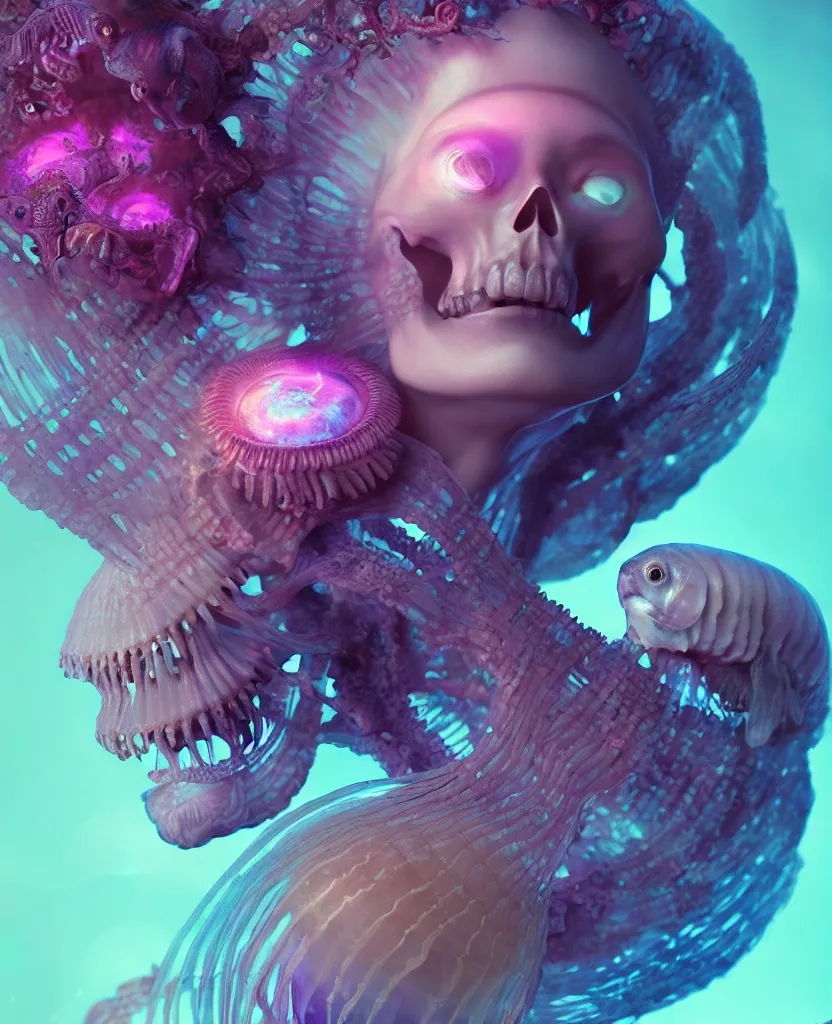 Image similar to goddess close - up portrait human skeleton, ram skull, jellyfish, orchid, betta fish, bioluminiscent, intricate artwork by tooth wu and wlop and beeple. octane render, trending on artstation, greg rutkowski very coherent symmetrical artwork. cinematic, hyper realism, high detail, octane render, 8 k