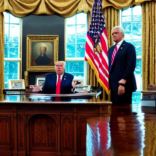 Image similar to trump sits at the resolute desk as a rainstorm fills up the oval office with water. Award winning portrait.