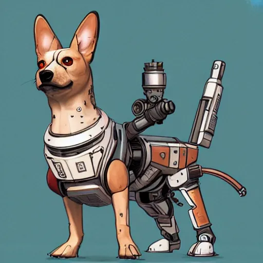 Prompt: cyborg corgi with a robotic eye and a small cannon for a tail that looks like it is from Borderlands and by Feng Zhu and Loish and Laurie Greasley, Victo Ngai, Andreas Rocha, John Harris