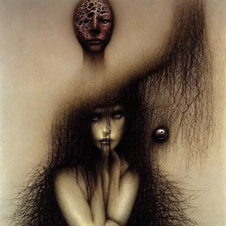 Prompt: portrait of half-bird girl by Beksinski, Luis Royo