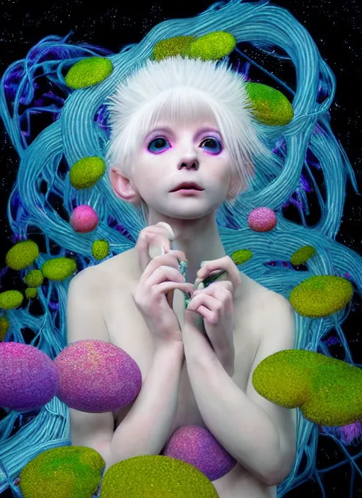 Image similar to hyper detailed 3d render like a Oil painting - kawaii portrait Aurora (white haired Singer Ferret) seen Eating of the Strangling network of yellowcake aerochrome and milky Fruit and Her delicate Hands hold of gossamer polyp blossoms bring iridescent fungal flowers whose spores black the foolish stars by Jacek Yerka, Mariusz Lewandowski, Houdini algorithmic generative render, Abstract brush strokes, Masterpiece, Edward Hopper and James Gilleard, Zdzislaw Beksinski, Mark Ryden, Wolfgang Lettl, hints of Yayoi Kasuma, octane render, 8k