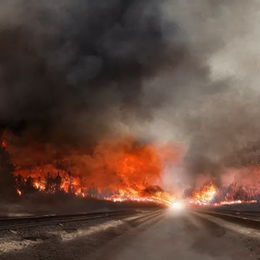 Image similar to trainwreck, devastation on the railroad, atmospheric smoke and fog, fire and flames, post-apocalyptic, Cinematic horror, high detail, 4k