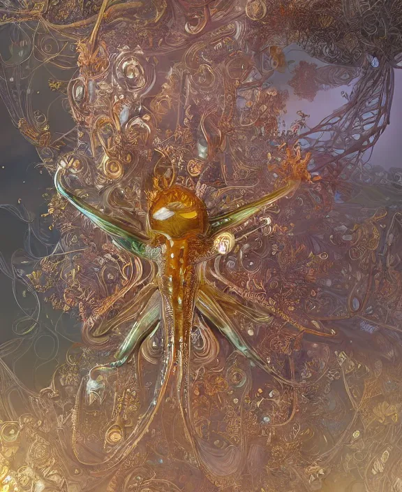 Image similar to intricate ornate opulent transparent clear see - through portrait of a playful beautiful starfish mollusk beetle, fractal, adorable, childlike, overgrown biopunk jungle environment, ultra realistic, concept art, art nouveau, photorealistic, octane render, 8 k, unreal engine. art by christopher marley and artgerm and greg rutkowski and alphonse mucha