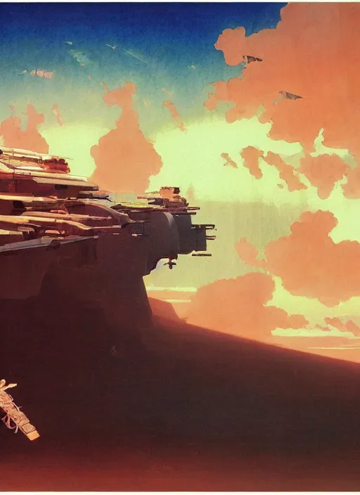 Prompt: vintage anime cinematic lush retro NASA space colony concept art by Dean Ellis and Ivan Aivazovsky, trending on ConceptArtWorld, watercolor concept art by Syd Mead, by william herbert dunton, watercolor strokes, japanese woodblock, by Jean Giraud