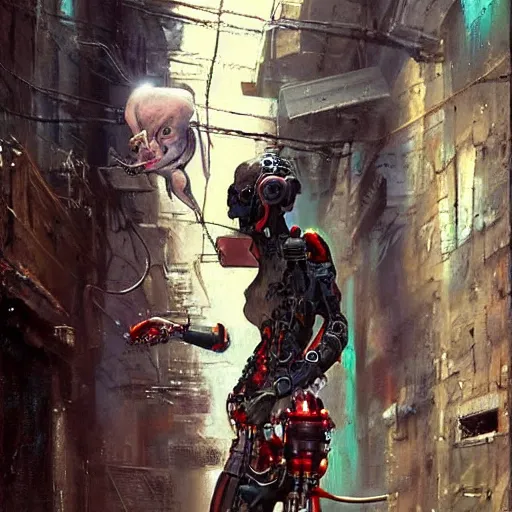 Image similar to a cyborg!! sphynx cat, in a cyberpunk alleyway by daniel gerhartz