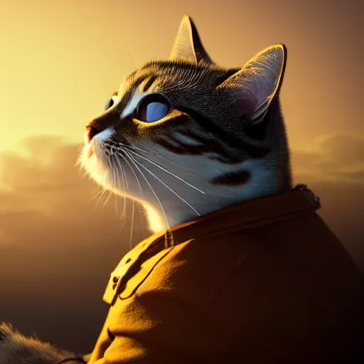 Prompt: Over-the,shoulder shot of a cat sitting in a hot air balloon, sunset time, steampunk tyle, digital art, matte painting, trending on artstation and unreal engine