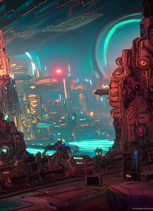 Image similar to glowwave techno civilization from borderlands 3, au naturel, hyper detailed, digital art, trending in artstation, cinematic lighting, studio quality, smooth render, unreal engine 5 rendered, octane rendered, art style by klimt and nixeu and ian sprigger and wlop and krenz cushart.