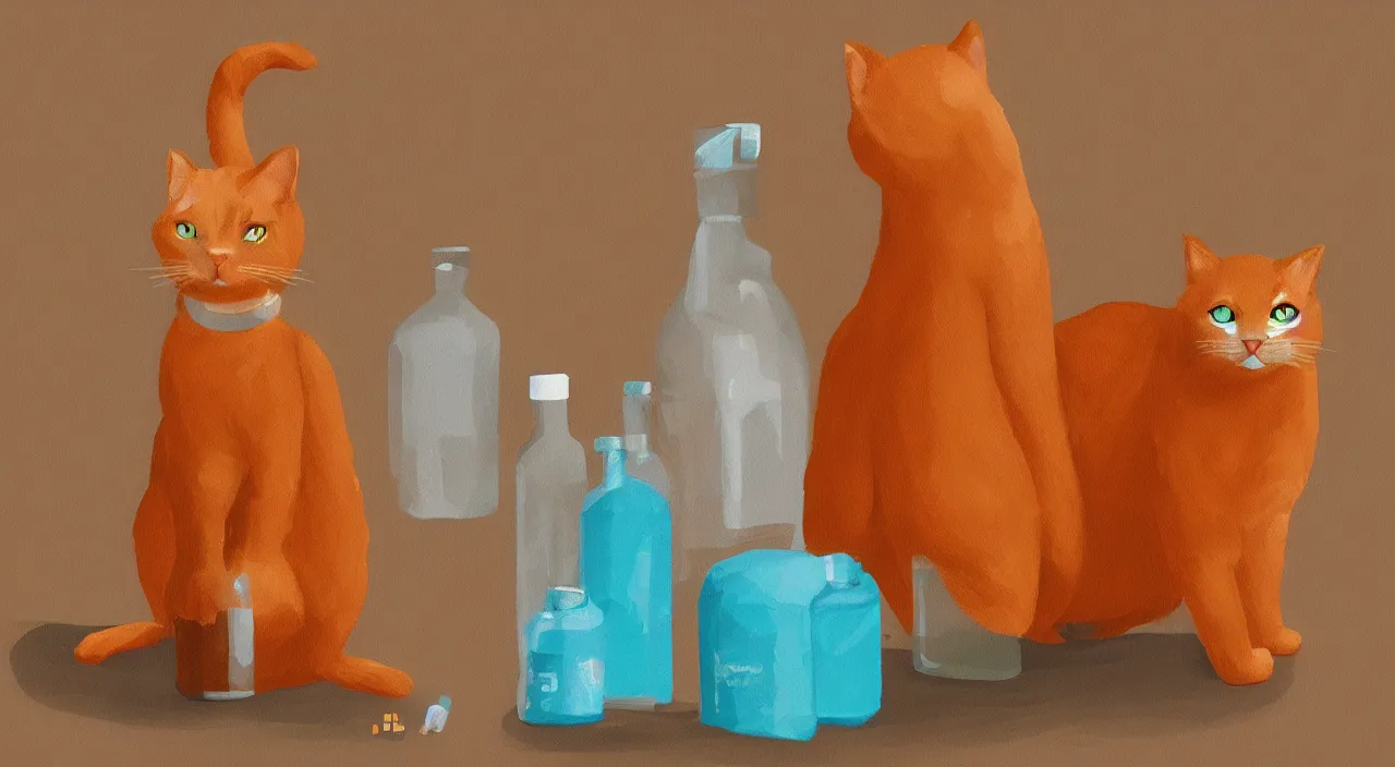 Image similar to a cat standing next to a bottle of medicine. orange cat. animal. digital art. artstation. illustration.