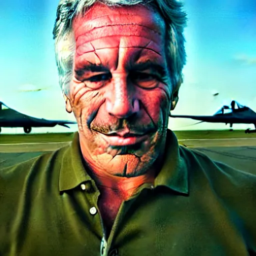 Image similar to happy jeffrey epstein, wearing a dark blue polo shirt, standing near fighter jet on an empty runway at dusk, high detail, volumetric lights, professional high quality studio photo from vogue magazine