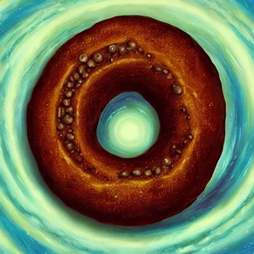 Image similar to all of the planets revolving around a giant Bagel, beautiful, oil on canvas, intricate, 8k highly professionally detailed, HDR, CGsociety