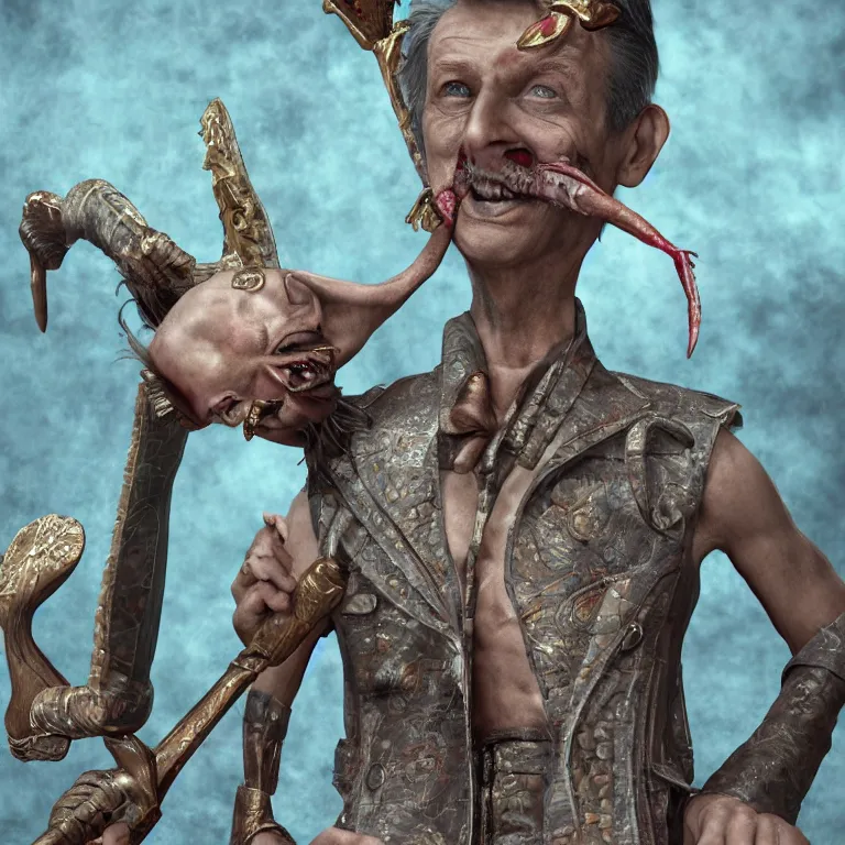 Image similar to octane render portrait by wayne barlow and carlo crivelli and glenn fabry and salvador dali and wes anderson, tiny little evil gremlin wearing a high - end gucci three piece suit while stabbing people in the leg with a trident, cinema 4 d, ray traced lighting, very short depth of field, bokeh