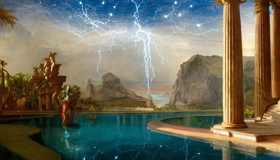 Prompt: from inside the giant palace, mediterranean balustrade and columns, refracted line and sparkles, thunderstorm, greek pool, beach and tropical vegetation on the background major arcana sky and occult symbols, by paul delaroche, hyperrealistic 4 k uhd, award - winning, very detailed paradise