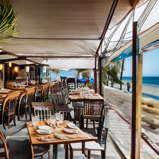 Prompt: an interior view of a complex outdoor restaurant leading to a view of the beach