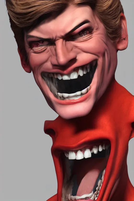 Prompt: 3 d model of a handsome but scary young man with a sinister grin by brian bolland, rachel birkett, alex ross, and neal adams | portrait, character concept, concept art, unreal engine, finalrender, centered, deviantart, artgerm