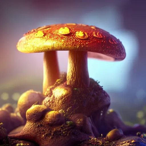 Prompt: texture of glowing mushrooms, beautiful light, low saturation, fantasy book, d & d, high detail, 8 k, oil painting, octane render, dark fantasy