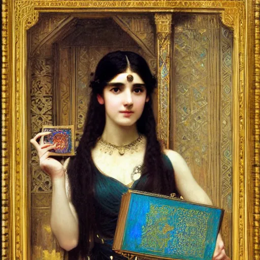 Prompt: orientalist portrait of a princess holding an iridescent eldritch tome intricate portrait by john william waterhouse Edwin Longsden Long and Theodore Ralli and Henryk Siemiradzki, very coherent symmetrical artwork. Cinematic, hyper realism, high detail 8k