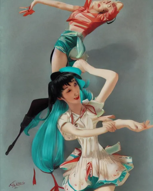 Image similar to hatsune Miku dancing by Gil Elvgren and Enoch Bolle