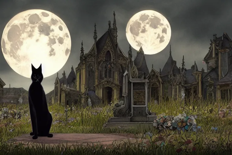 Image similar to an ultra detailed animation of a black cat in a graveyard at midnight on halloween, tattoo on shohulder, digital art, dark fantasy, concept art, soulslike, by alphonse mucha, blood moon eclipse, ruined building in the background, artstation, 8 k, unreal engine render