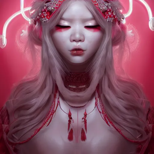 Prompt: albino maiko with very long fantasy hair, dluent composition, red and white neon, concept art, intricate details, highly professionally detailed, cgsociety, highly detailed -