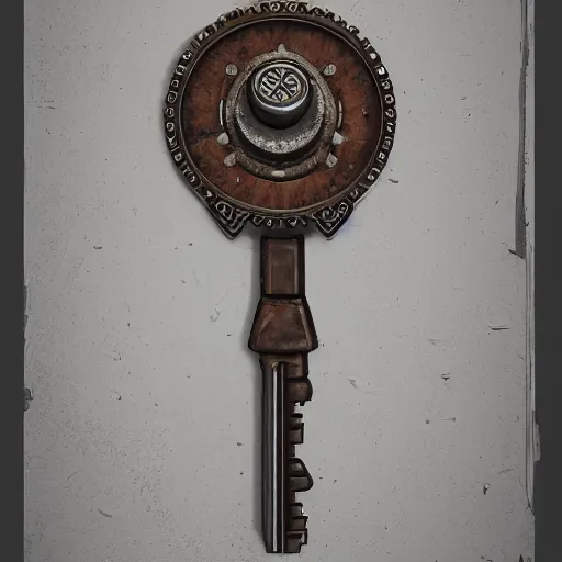 Image similar to a highly detailed key item, key is on the center of image, key has metal and wooden elements, point and click game inventory item, very detailed, on the solid white color background without shadows, high poly vray render, stylised textures, trending on artstation