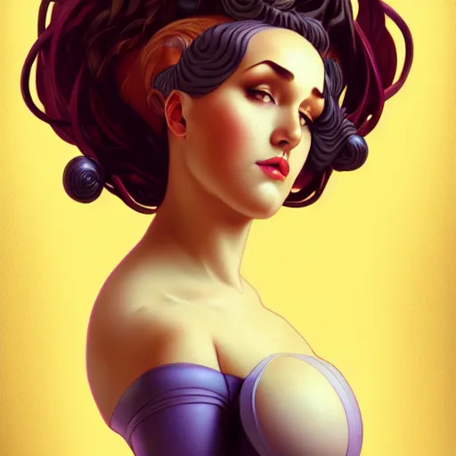 Prompt: curvy woman with a bundt cake instead of hair, digital art, cinematic, concept art, 8k, painting, imaginefx, cgsociety, art nouveau, Alphonse Mucha, trending on artstation, medium shot, head shot