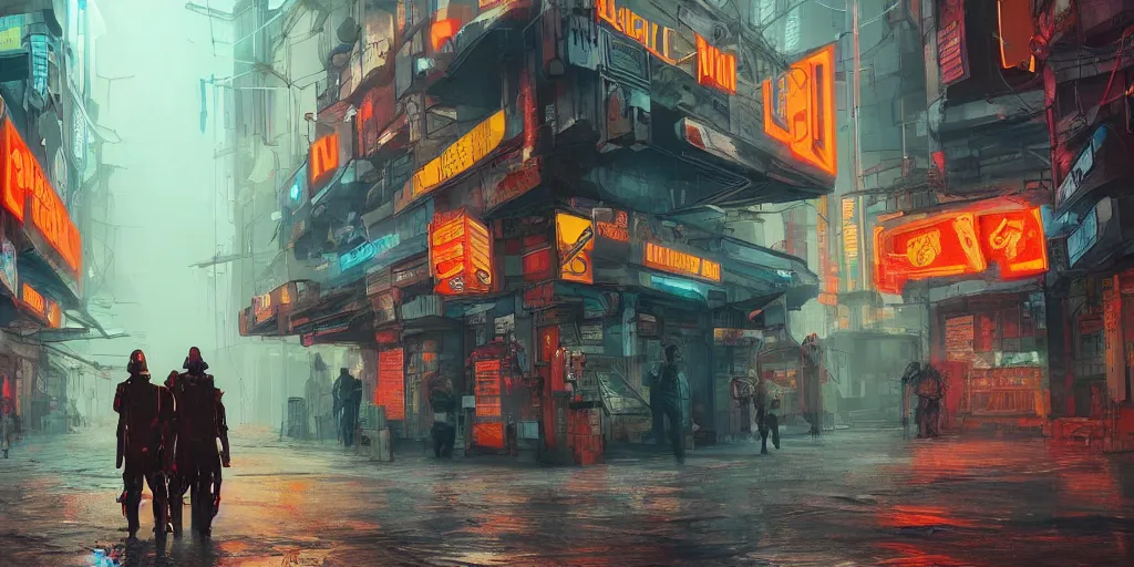 Prompt: two passive guards near the entrance of a big colorful shop in the crowd of a cyberpunk dystopian city at day in an intense orange fog artstation