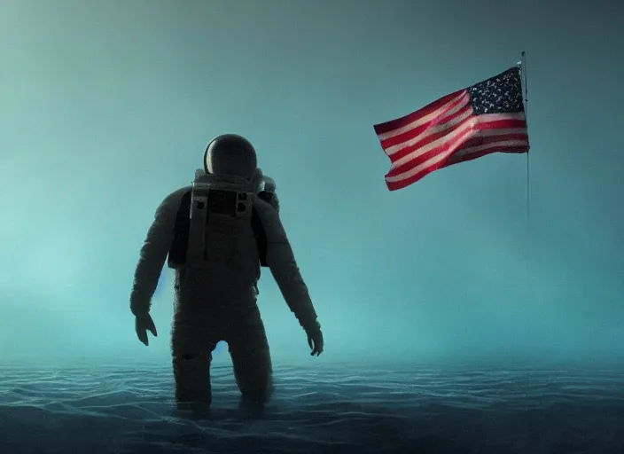 Image similar to astronaut holding a flag in an underwater desert. a submarine is visible in the distance. dark, concept art, cinematic, dramatic, atmospheric, 8 k, trending on artstation, blue, fish, low visibility, fog, ocean floor, christopher nolan, interstellar